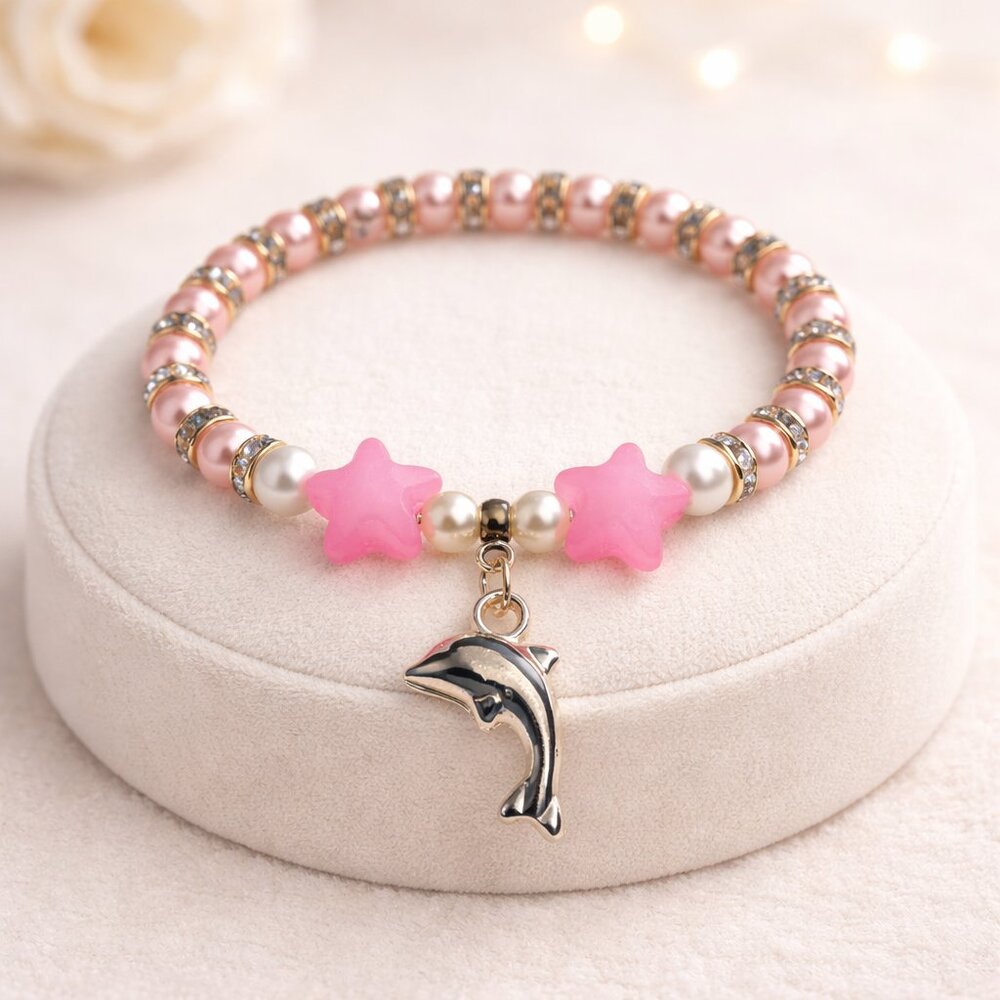 Pink Pearl Star Bracelet w/ Gold Dolphin Charm – Handmade